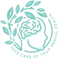 Reading Therapy Logo shows a head with a laurel wreathe around it in a green colour. The words take care of your mental health are written around the image.