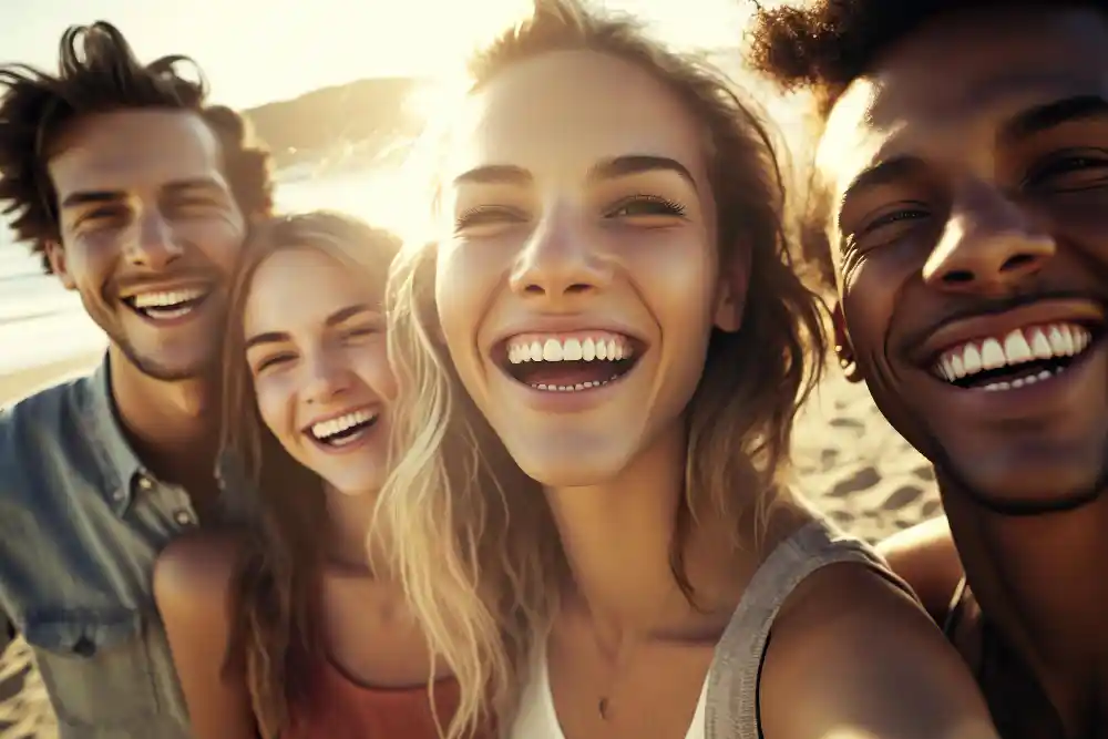 A group of smiling happy individuals who have overcome their blues and sadness. The group are two men and two women smiling and laughing on the beach.