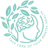 Reading Therapy Logo shows a head with a laurel wreathe around it in a green colour. The words take care of your mental health are written around the image.